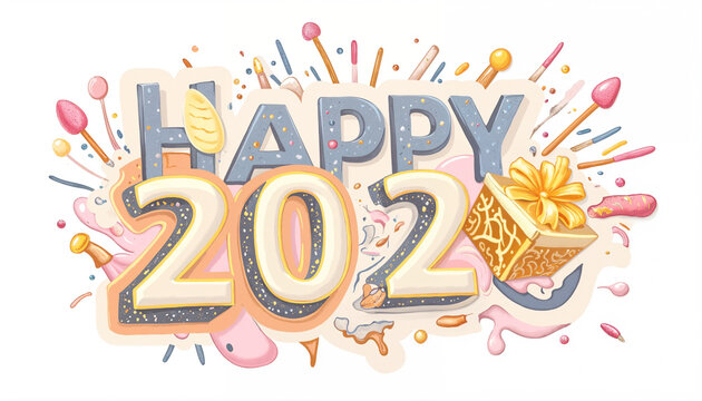 Happy 2025 in vintage text with colorful fireworks golden white gift box and new year stuff decorative isolated on white background
