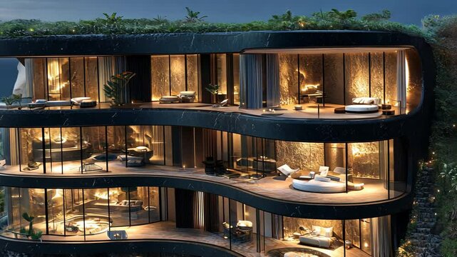 Explore an exquisite cliffside residence featuring panoramic ocean views, lush greenery, and sleek designs at sunset, offering a tranquil escape