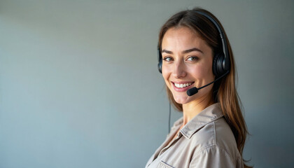 Photo of beautiful woman call center operator standing near gray background woman with headphones looking at camera and smiling