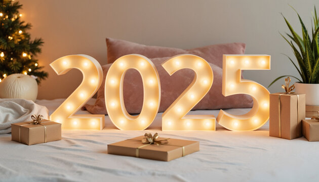 New year 2025 with bright lights,gifts and сhampagne