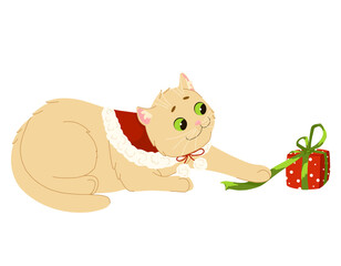 Cute cat playing with Christmas present. Merry Christmas and Happy New Year. Vector flat cartoon illustration for stickers and prints on white background