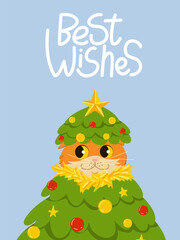 Christmas greeting card. Cute funny cat character wearing Christmas tree costume. Hand written lettering Best Wishes. Vector illustration design template for Merry Christmas and Happy New Year