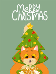 Christmas greeting card. Cute funny cat character with Christmas cookies. Hand written Marry Christmas lettering. Vector illustration design template for Happy New Year celebrations