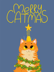 Christmas greeting card. Cute funny cat character playing with Christmas ornaments. Hand written lettering. Vector illustration design template for Merry Christmas and Happy New Year