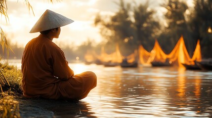 An artistic portrayal of a Southern Vietnamese farmer in a brown Ao Ba Ba, crouching by the riverbank, his Non La casting a shadow on the water, traditional fishing nets hanging in the background,