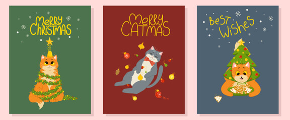Christmas greeting cards set. Cute funny cats characters with hand drawn lettering. Vector illustration templates design for Merry Christmas and Happy New Year congratulations