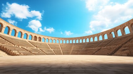 Ancient stone amphitheater under bright blue sky