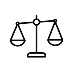 Scales of justice icon in black outline, Vector illustration of the scales of justice in a simple black outline, representing law, balance, equality, and fairness in legal contexts.
