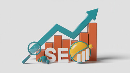 3D illustration of growth chart with SEO symbols and elements