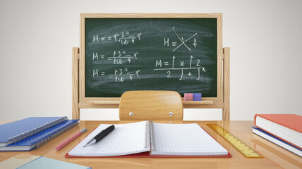 classroom setup featuring teacher desk, chalkboard, and notebooks