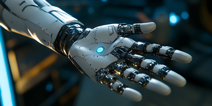Cybernetic Hand Reaching Out: A close-up of a futuristic, robotic hand with a glowing blue light, extending towards the viewer in a gesture of connection or assistance.  