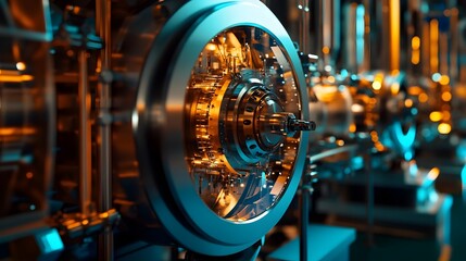 Futuristic Circular Metallic Shining Machinery in Illuminated Technological Lab