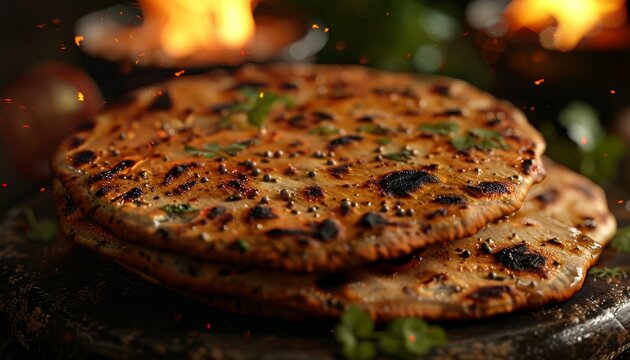 Two freshly baked, golden-brown flatbreads with cilantro garnish, resting on a wooden board, with a blurry background of glowing embers.
