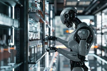 Robot Picking a Glass Bottle from a Shelf in a Laboratory