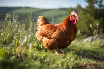 Fototapeta premium A red-haired laying hen on the loose in a grassy field 