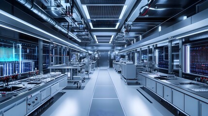 Naklejka premium Modern Futuristic Data Center with Server Racks and Digital Equipment