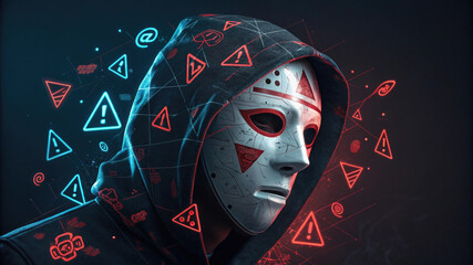 Digital mask with fragmented data and warning symbols, evoking mystery and caution