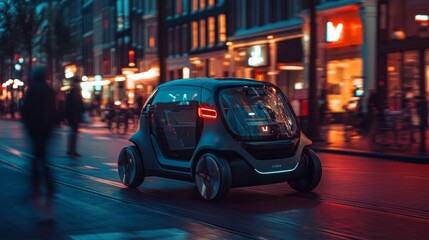 Fototapeta premium A Dutch angle shot of a compact urban electric car with foldable wheels for easy parking, AI Generative.