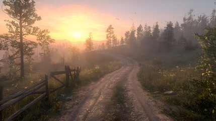 Obraz premium Tranquil Sunrise Landscape with Winding Dirt Road and Misty Trees in Peaceful Countryside