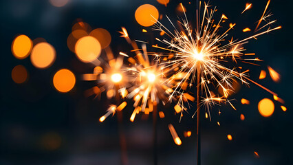 Happy New Year, Glittering burning sparkler against colorful fireworks background