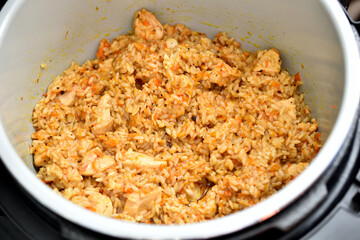 Top view of pilaf cooked in a multicooker.