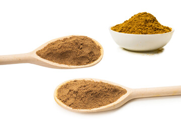 Mix spices on wooden spoon isolated.