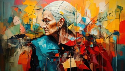 Fototapeta premium Illustration of Elderly Woman Amidst Abstract Colors Representing Mental Health and Aging 