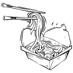Noodles being picked up with chopsticks from a takeout box in a minimalistic kitchen setting