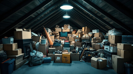 Cluttered attic filled with cardboard boxes, plastic bins, and various stored items under sloped wooden ceiling with overhead lighting.