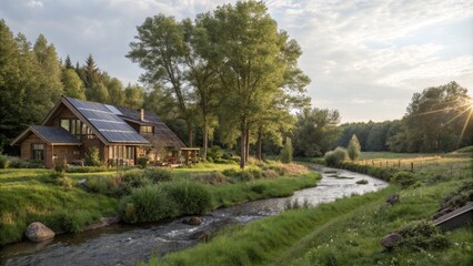 Fototapeta premium Serene Eco-Friendly Landscape with Cozy House, Lush Trees, Flowing Stream, and Sustainable Solar Energy Features