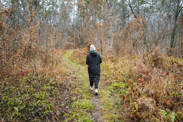 A person leisurely strolls down a peaceful, serene path within the enchanting woods, completely surrounded by the stunning beauty of nature and the calming tranquility of the lush forest