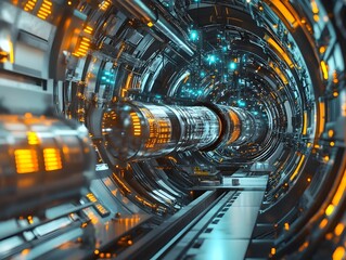 Obraz premium Futuristic Illuminated Technological Tunnel with Glowing Geometric Patterns and Neon Lights