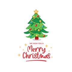 Merry Christmas greeting card with christmas tree and congratulatory text decorated with starlight. Vector flat illustration, can be used for Christmas greeting cards or Christmas themed designs