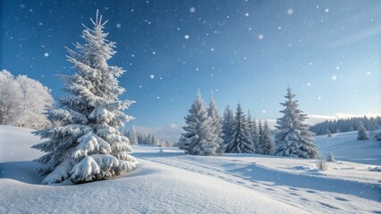 Obraz premium Serene Winter Wonderland: Idyllic White Christmas Trees in Snowy Forest Under Blue Sky
