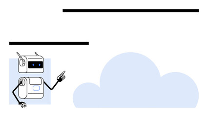 Robot with expressive face and antennas points to horizontal lines and large blue cloud. Ideal for technology, cloud computing, AI, data storage, programming, education, and web design. Line metaphor