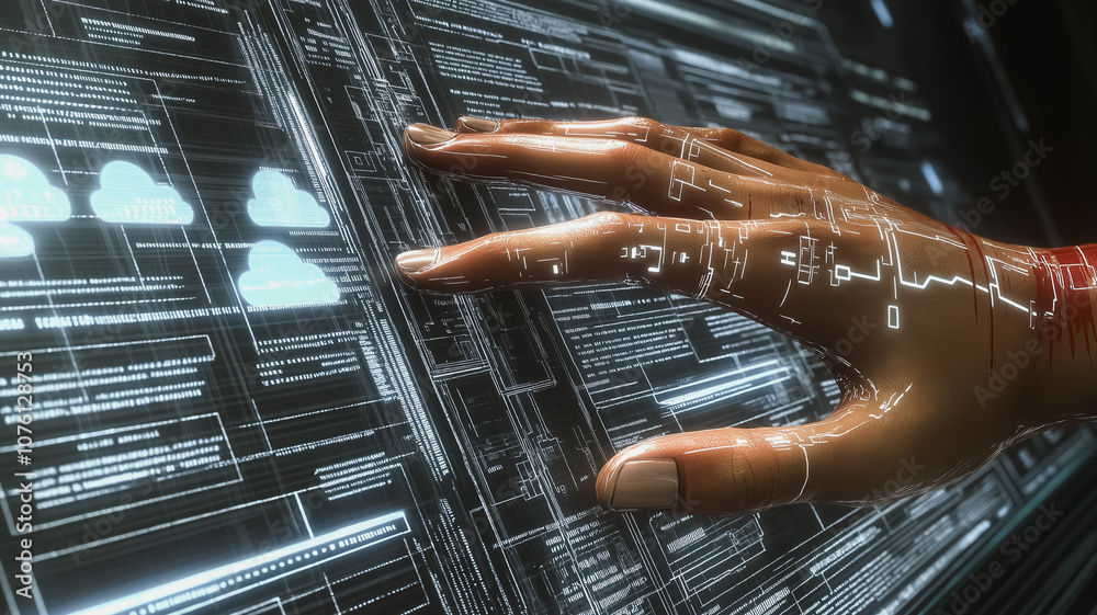 Poster a hand is touching a computer screen with a lot of lines and numbers. concept of technology and the 