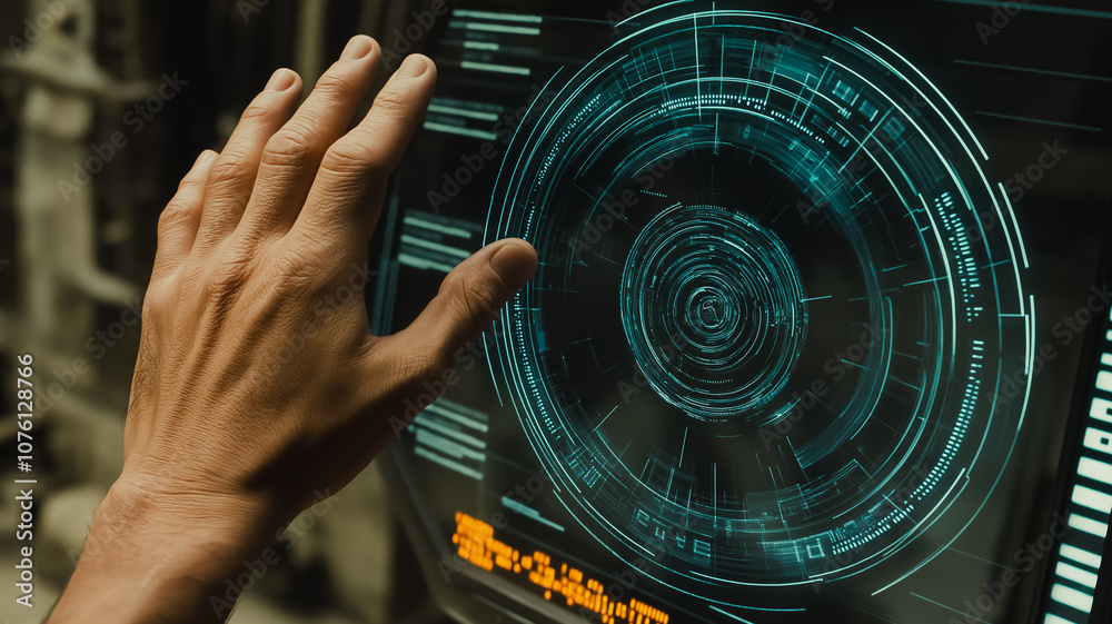 Poster a hand is touching a computer screen with a green circle on it. the circle is surrounded by a lot of