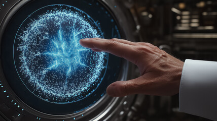 A hand is pointing at a glowing sphere on a screen. The sphere is surrounded by a blue glow, and it is a representation of a galaxy or a star. Concept of wonder and curiosity about the universe