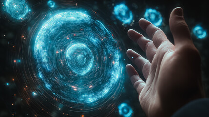 A hand is reaching out to touch a blue sphere that is surrounded by a blue glow. The sphere is surrounded by a blue glow that is made up of many small dots