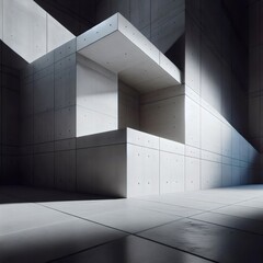 A modern, abstract concrete structure with geometric shapes, a minimalist and architectural design.