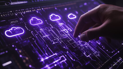 A hand is pointing at a computer screen with a purple background and a cloud symbol. Concept of technology and innovation, as the hand is reaching out to interact with the digital display