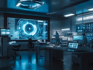 Fototapeta premium Futuristic High Tech Control Room with Intelligence Dashboard and Digital Analytics Interface