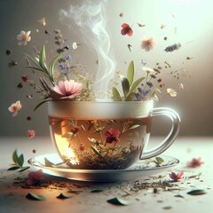 A glass cup of tea with flowers blooming out of it, a whimsical and magical scene.