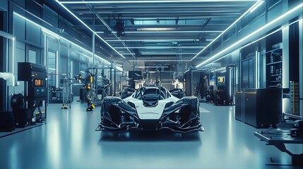 Fototapeta premium Futuristic Race Car in High Tech Industrial Garage Setting