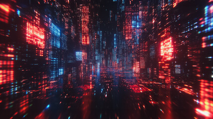 A cityscape with a lot of red and blue lights. The lights are scattered all over the city, creating a sense of movement and energy. The image is abstract and futuristic, with a mood of excitement