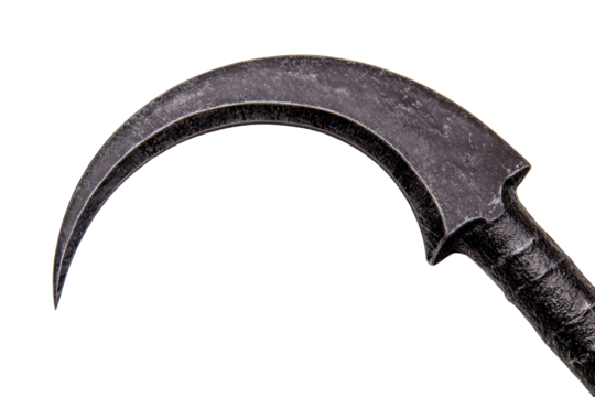 Vintage scythe with sharp curved blade, isolated on white background.