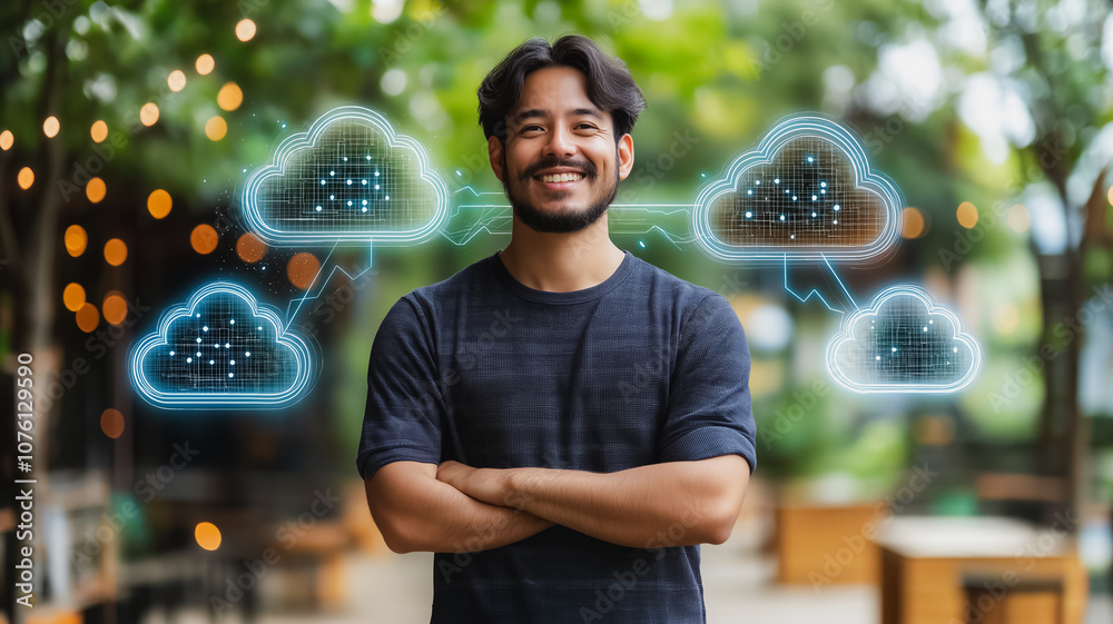 Poster a man is standing in front of a computer screen with a cloud symbol on it. he is smiling and he is p