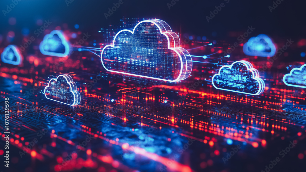 Poster a series of blue and red clouds are displayed on a screen. the clouds are connected to each other an