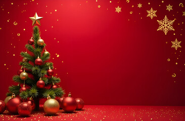 Merry christmas greeting. Banner with gold and red Christmas symbols and text. Christmas tree, balls, golden confetti and snowflakes .