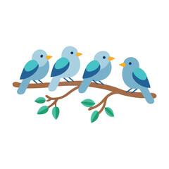 Four blue birds perched on branch with leaves, Vector illustration of four blue birds sitting on a branch with green leaves, representing nature, wildlife, and a peaceful outdoor scene.
